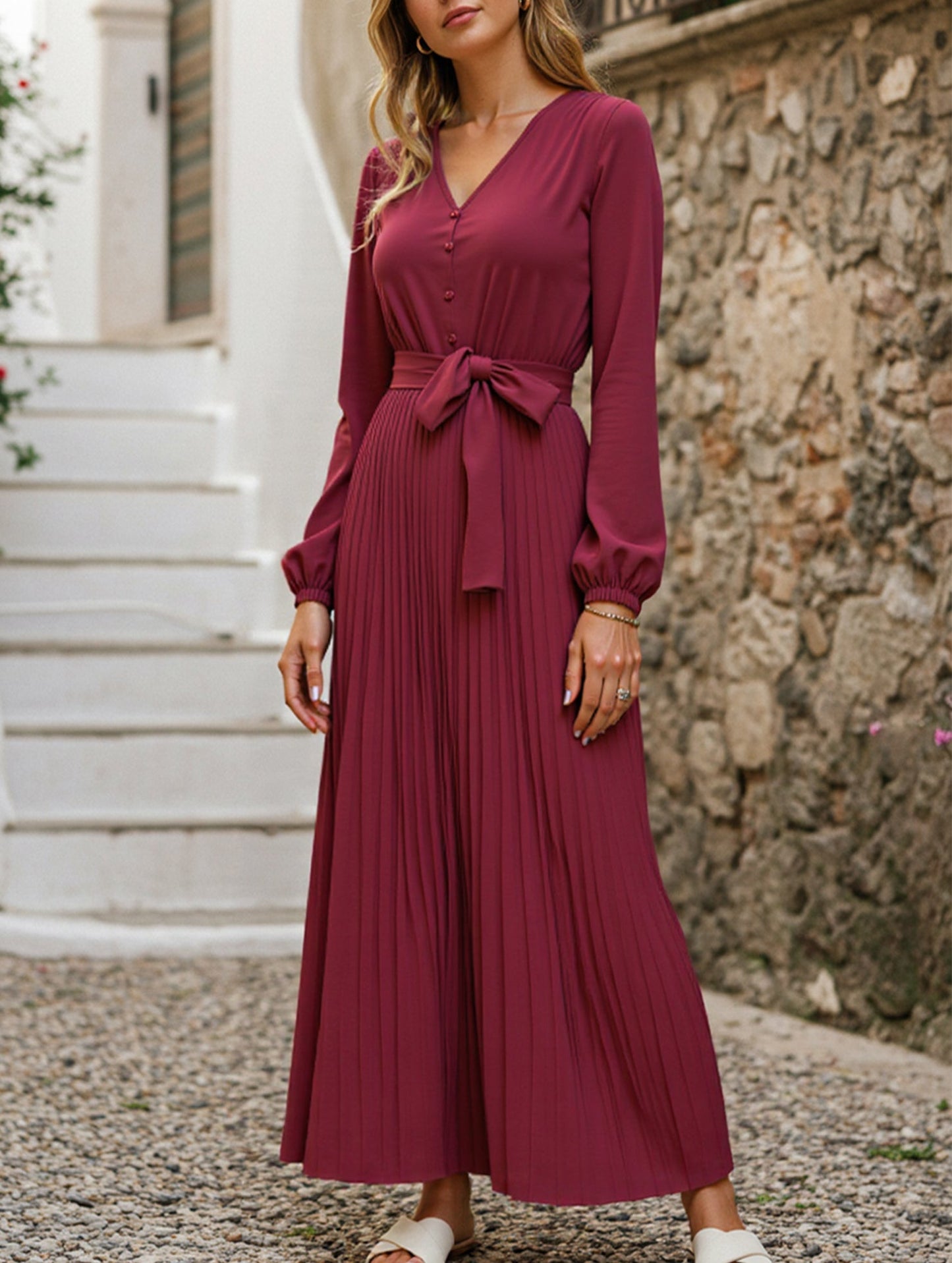 V-NECK BUTTON-UP LONG PLEATED DRESS
