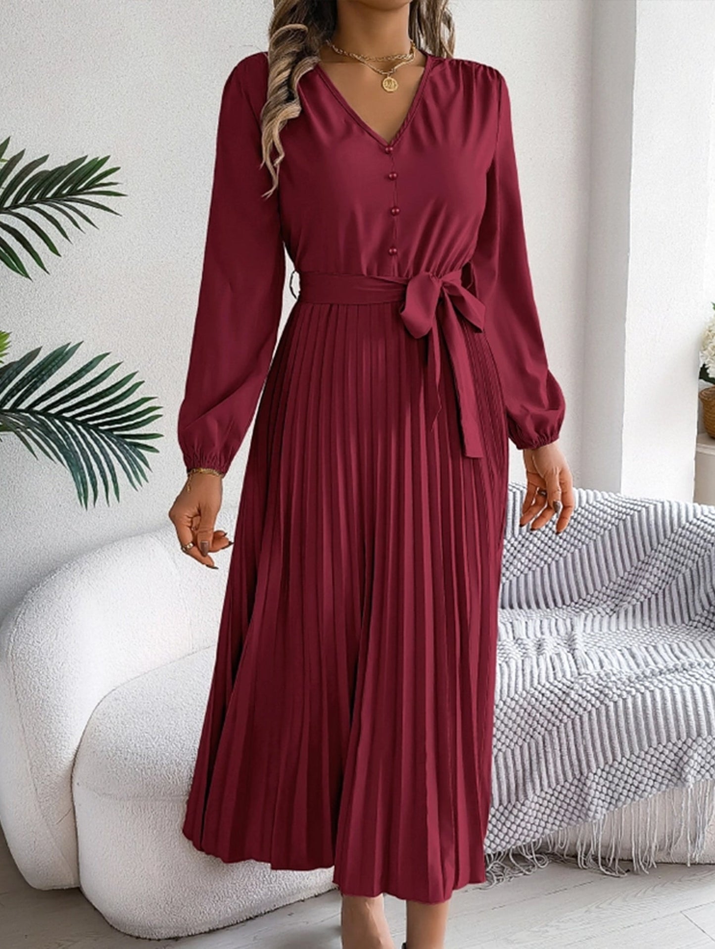 V-NECK BUTTON-UP LONG PLEATED DRESS