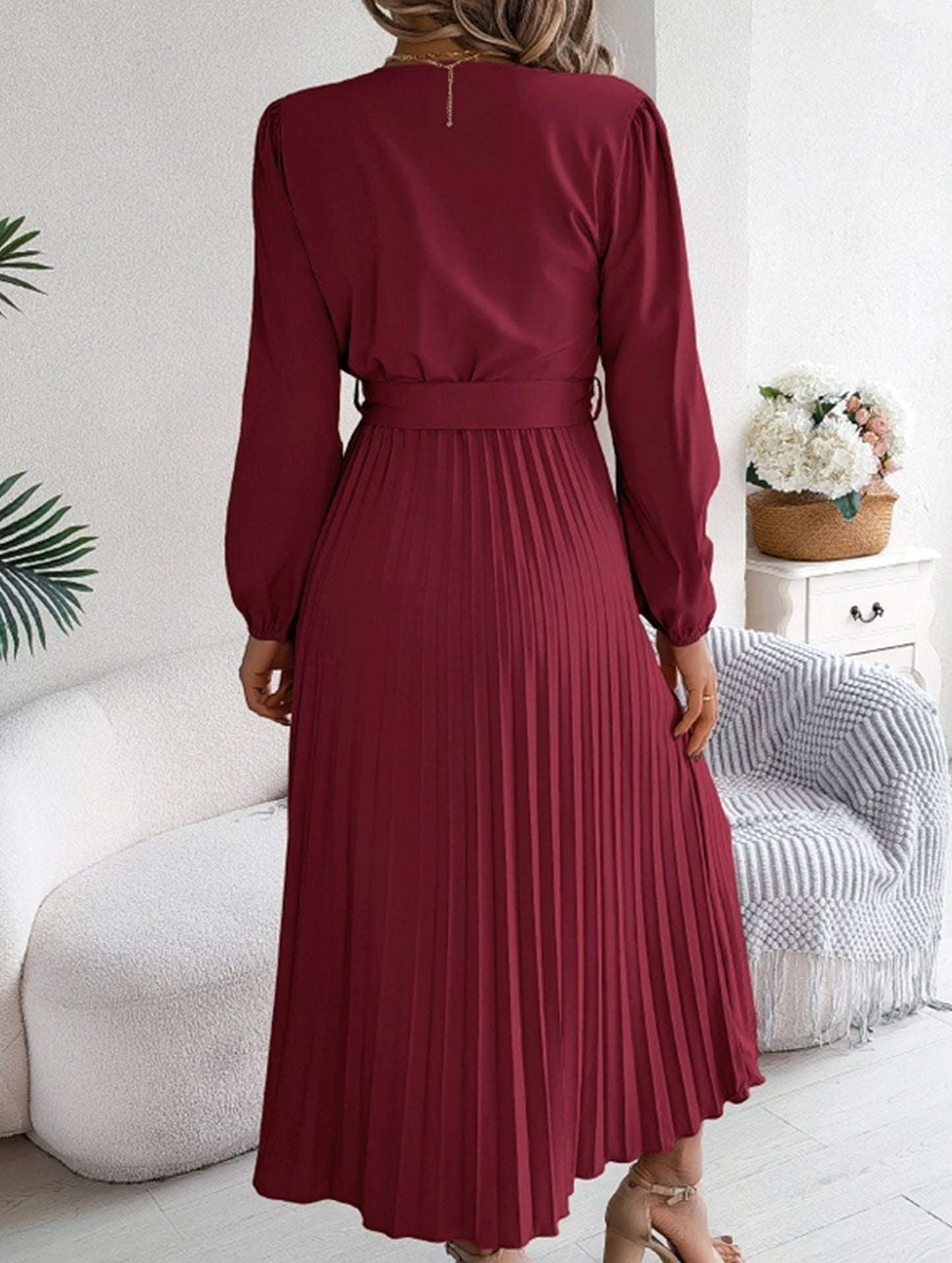 V-NECK BUTTON-UP LONG PLEATED DRESS