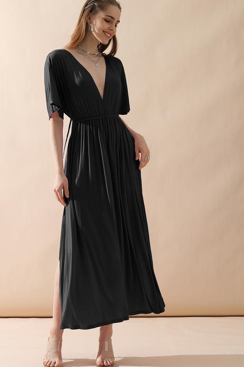 V NECK SHORT SLEEVE BACK BOW TIE EMPIRE MAXI DRESS - Doublju