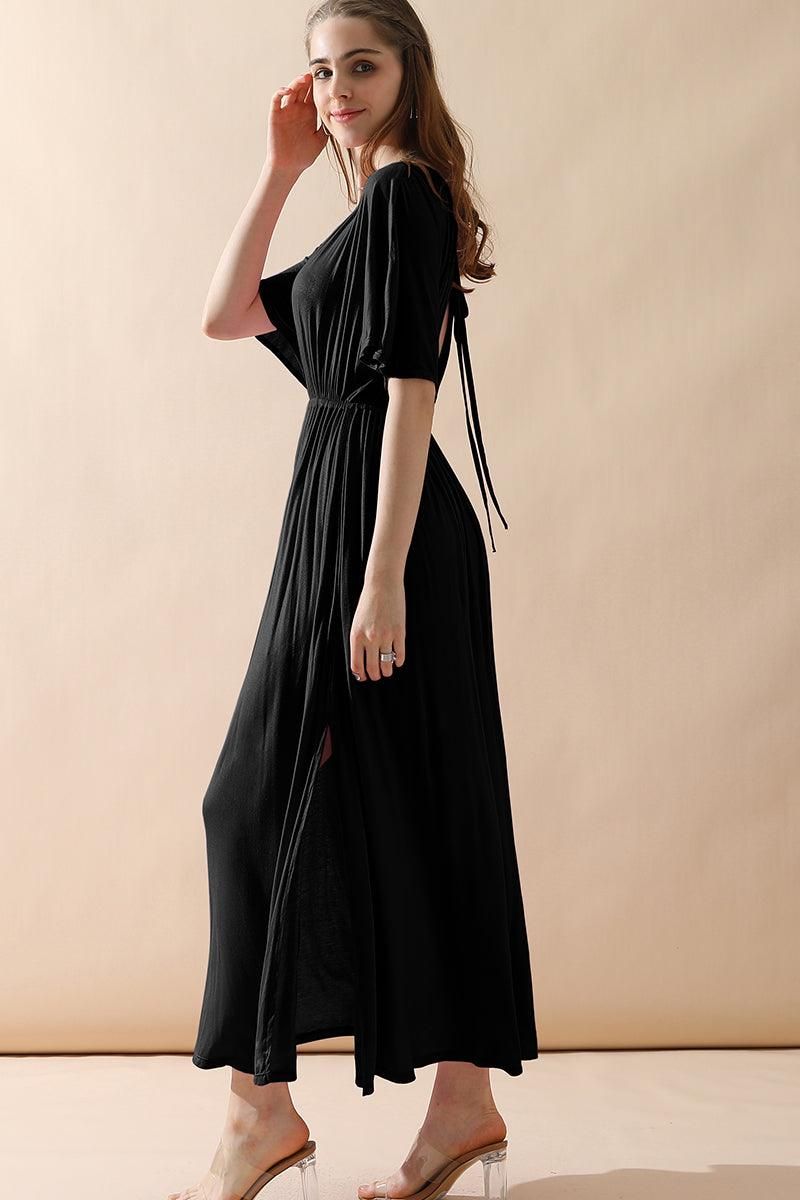 V NECK SHORT SLEEVE BACK BOW TIE EMPIRE MAXI DRESS - Doublju