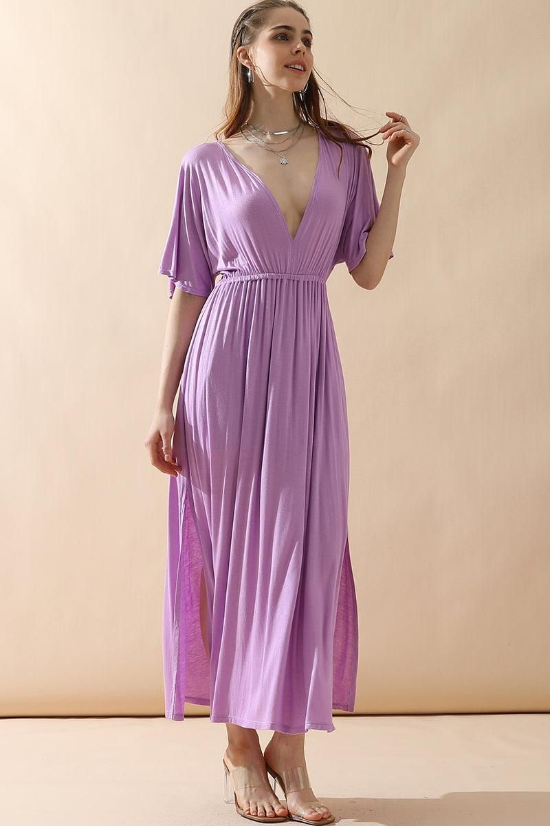 V NECK SHORT SLEEVE BACK BOW TIE EMPIRE MAXI DRESS - Doublju