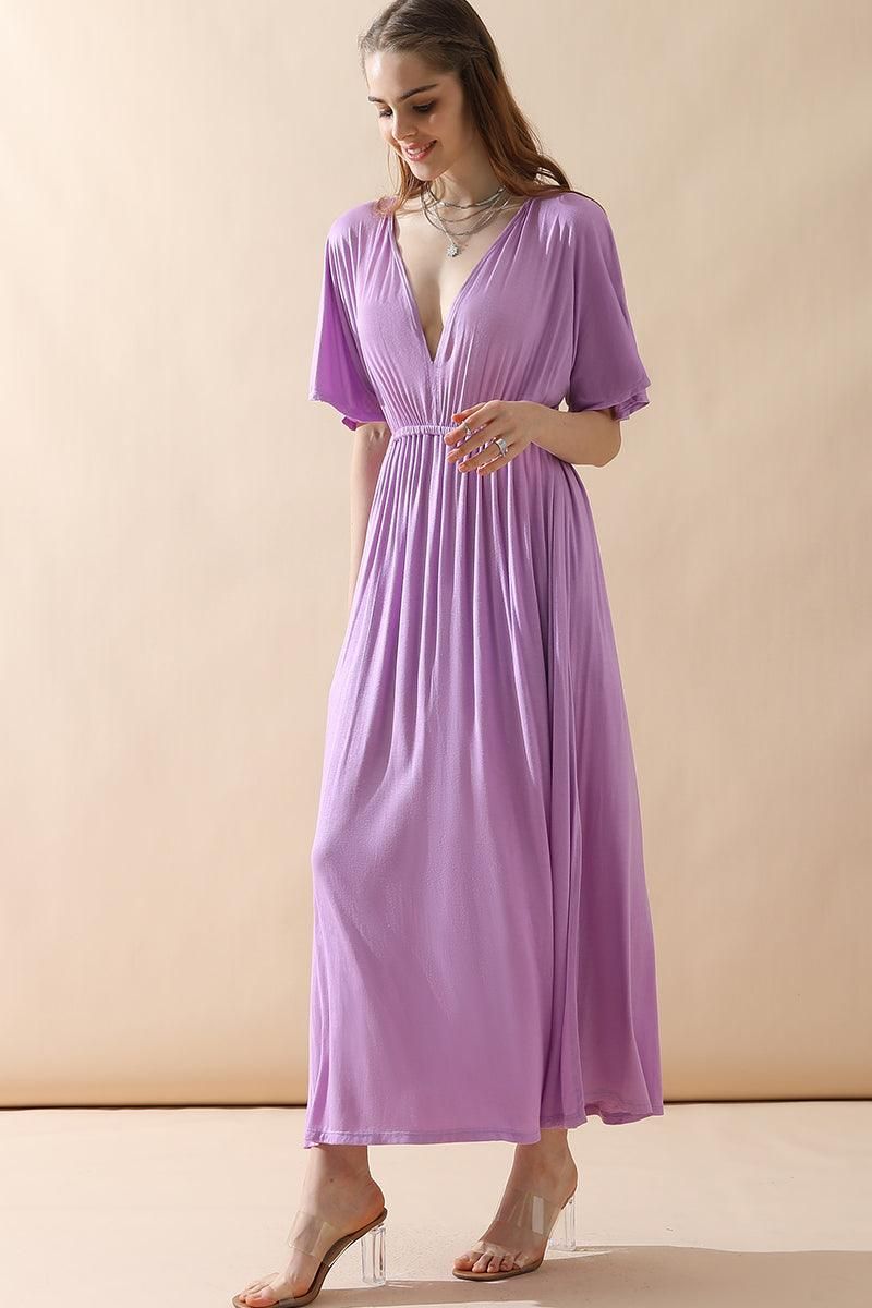 V NECK SHORT SLEEVE BACK BOW TIE EMPIRE MAXI DRESS - Doublju