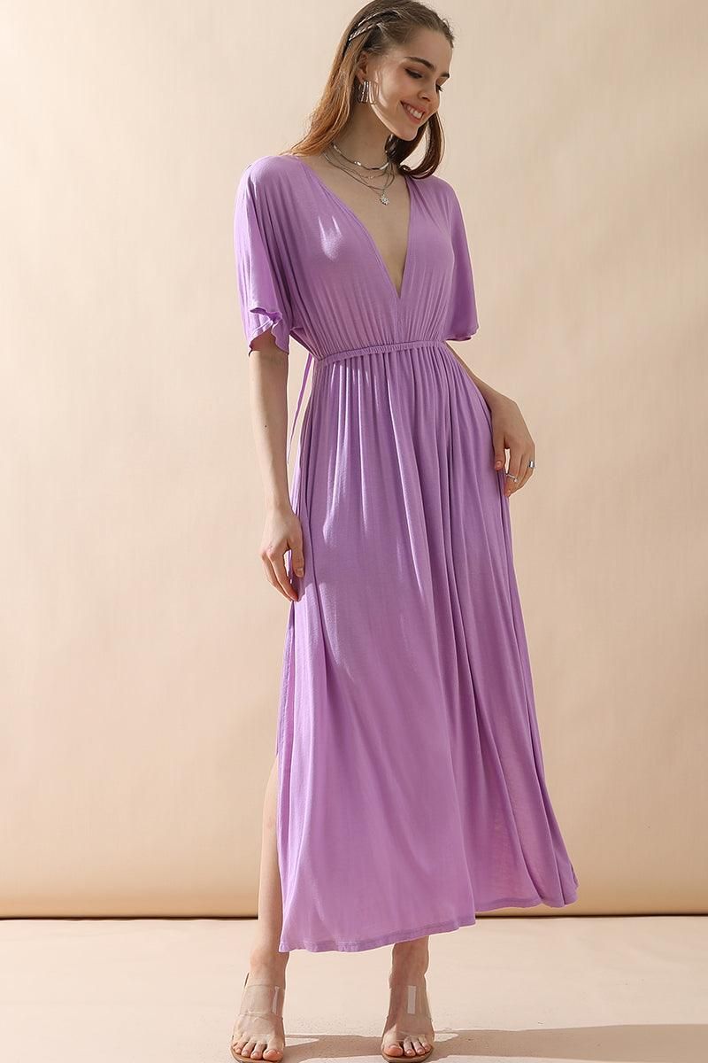 V NECK SHORT SLEEVE BACK BOW TIE EMPIRE MAXI DRESS - Doublju