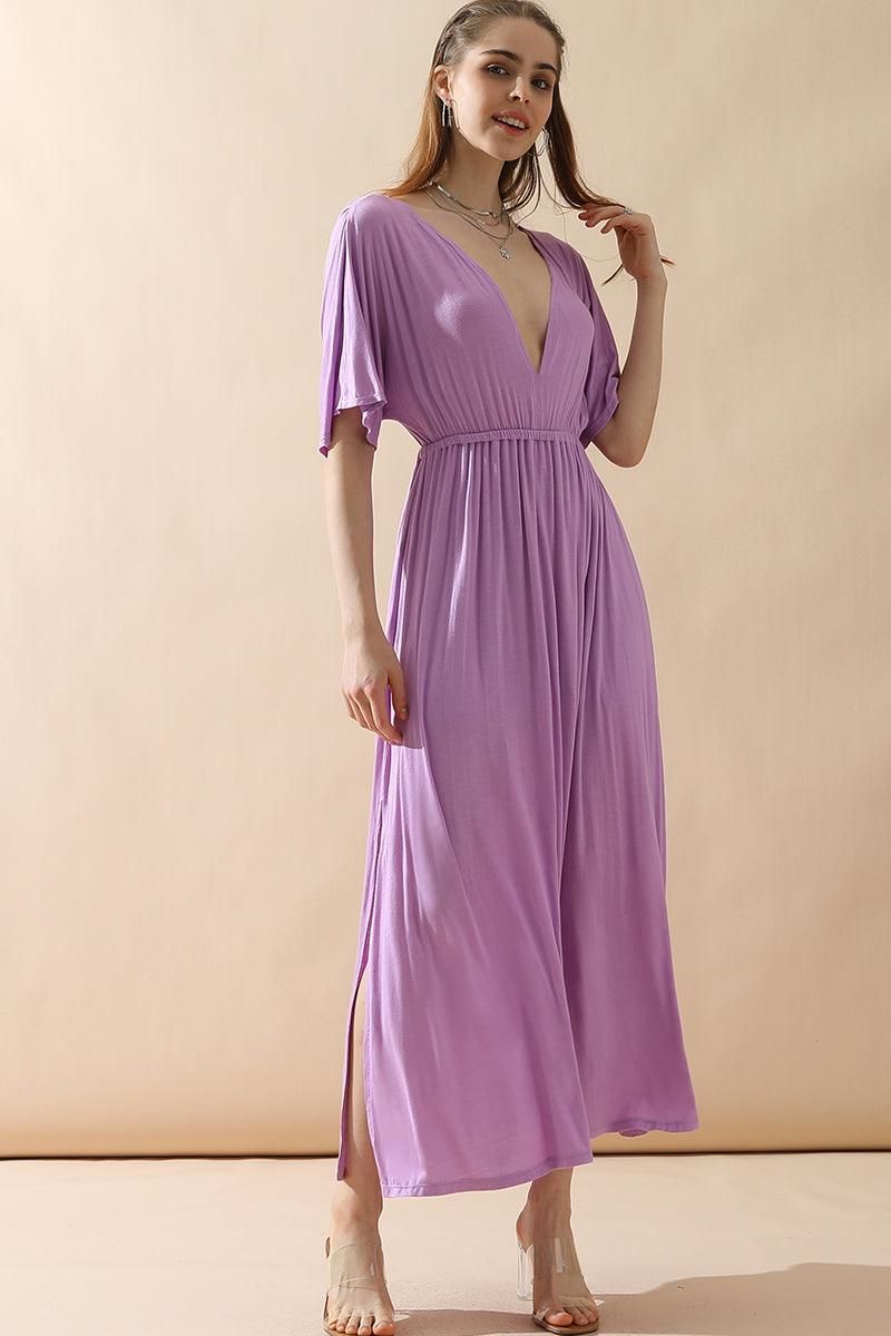 V NECK SHORT SLEEVE BACK BOW TIE EMPIRE MAXI DRESS - Doublju