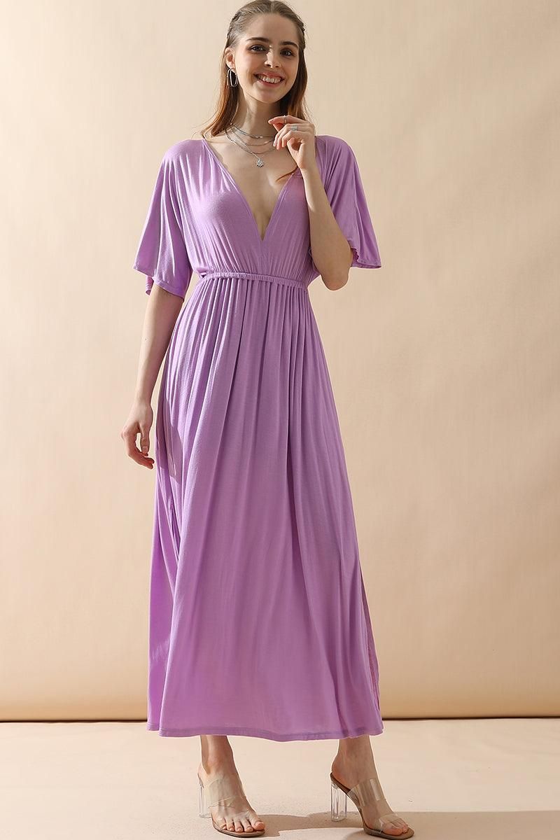 V NECK SHORT SLEEVE BACK BOW TIE EMPIRE MAXI DRESS - Doublju