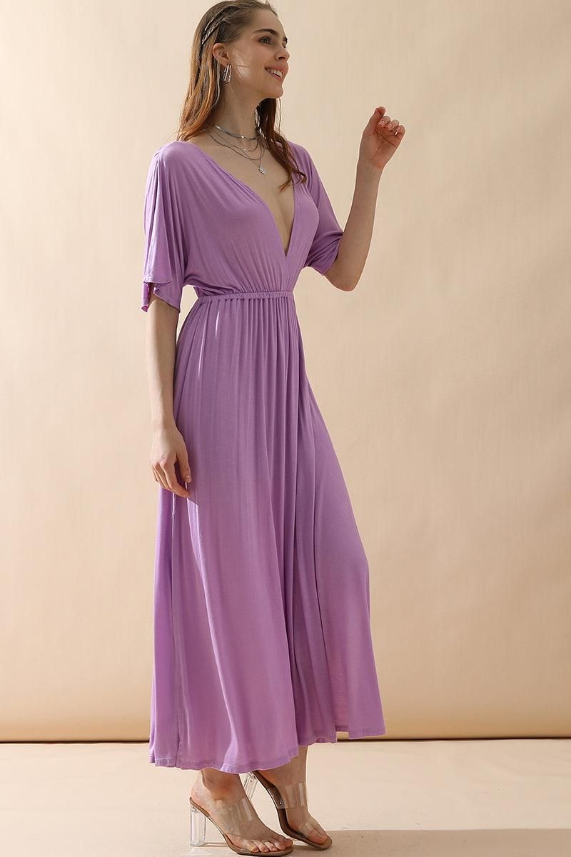 V NECK SHORT SLEEVE BACK BOW TIE EMPIRE MAXI DRESS - Doublju