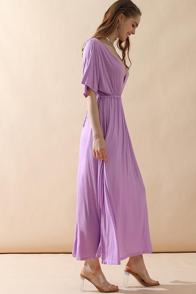 V NECK SHORT SLEEVE BACK BOW TIE EMPIRE MAXI DRESS - Doublju