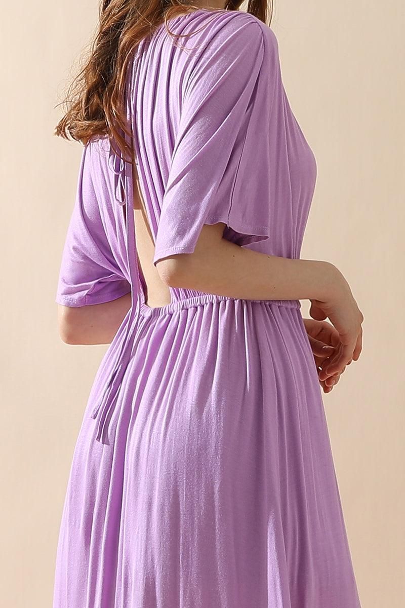 V NECK SHORT SLEEVE BACK BOW TIE EMPIRE MAXI DRESS - Doublju