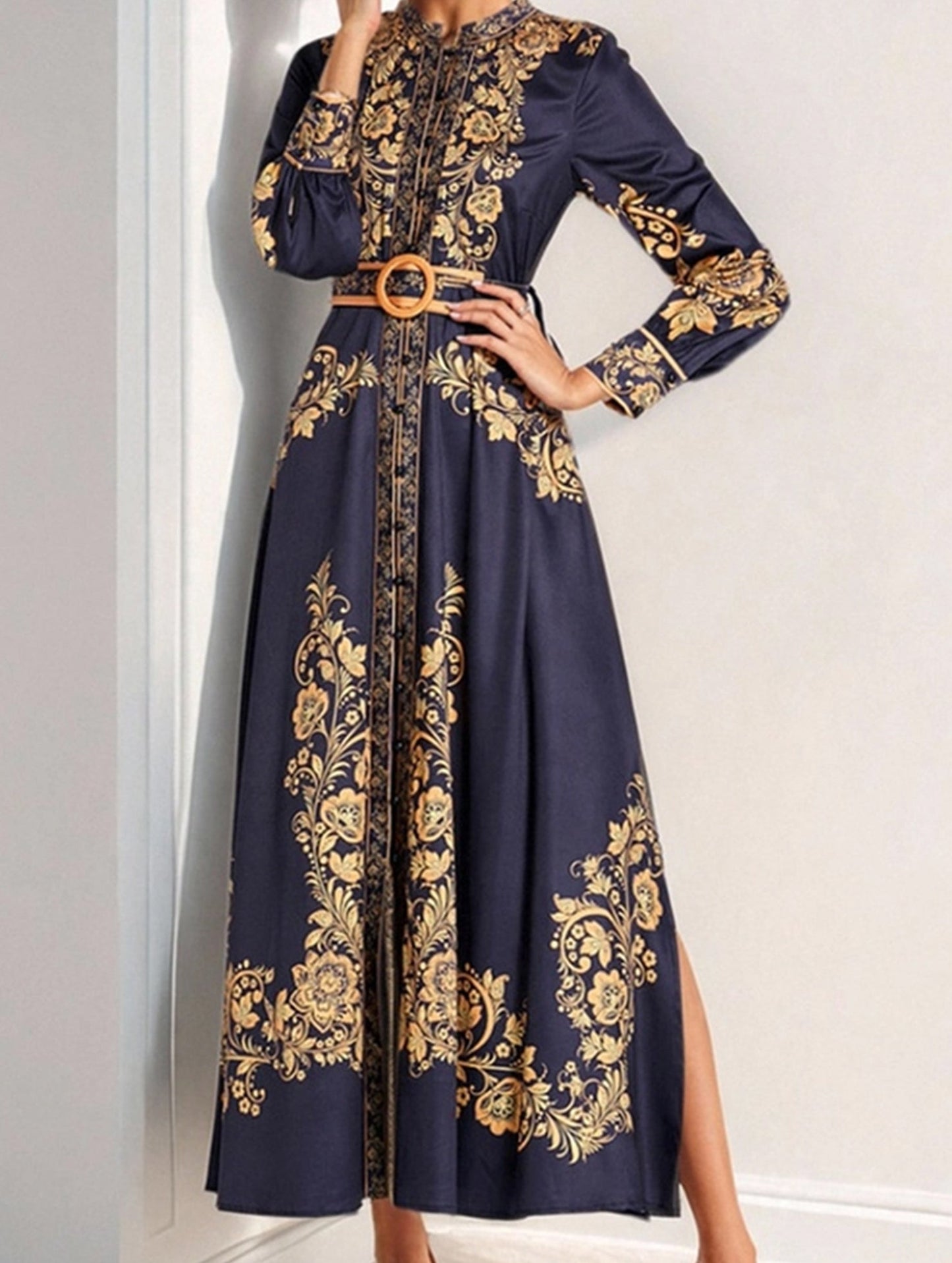 RETRO PALACE STYLE PRINT STAND COLLAR SLIT DRESS