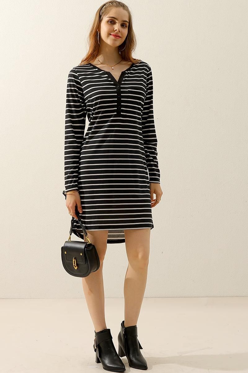 BUTTON DOWN LONG SLEEVE CASAUL MAXI KNEE DRESS - Doublju