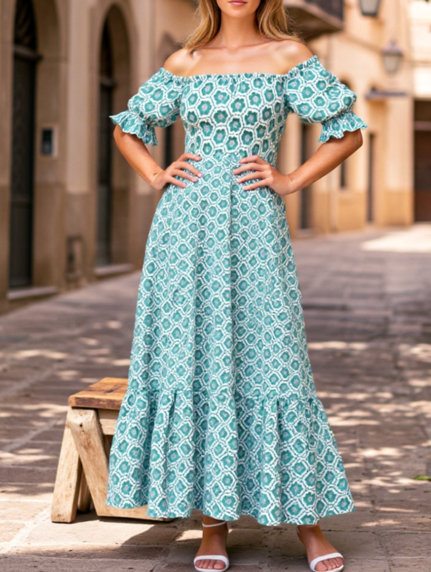 Printed Puffed Sleeve Maxi Swing Dress ??Elegant High-Waist Flowy Dress for All Seasons