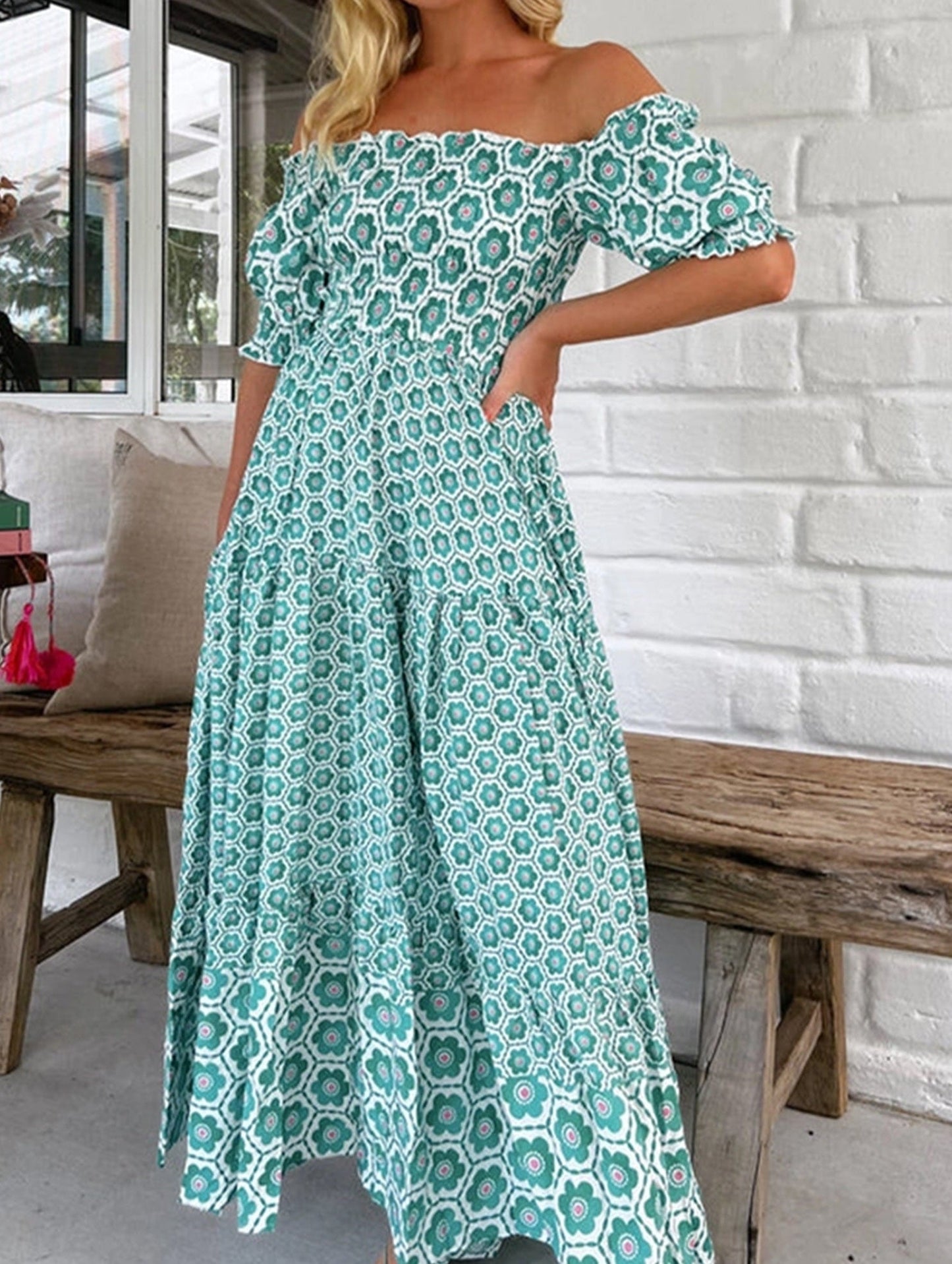 Printed Puffed Sleeve Maxi Swing Dress ??Elegant High-Waist Flowy Dress for All Seasons