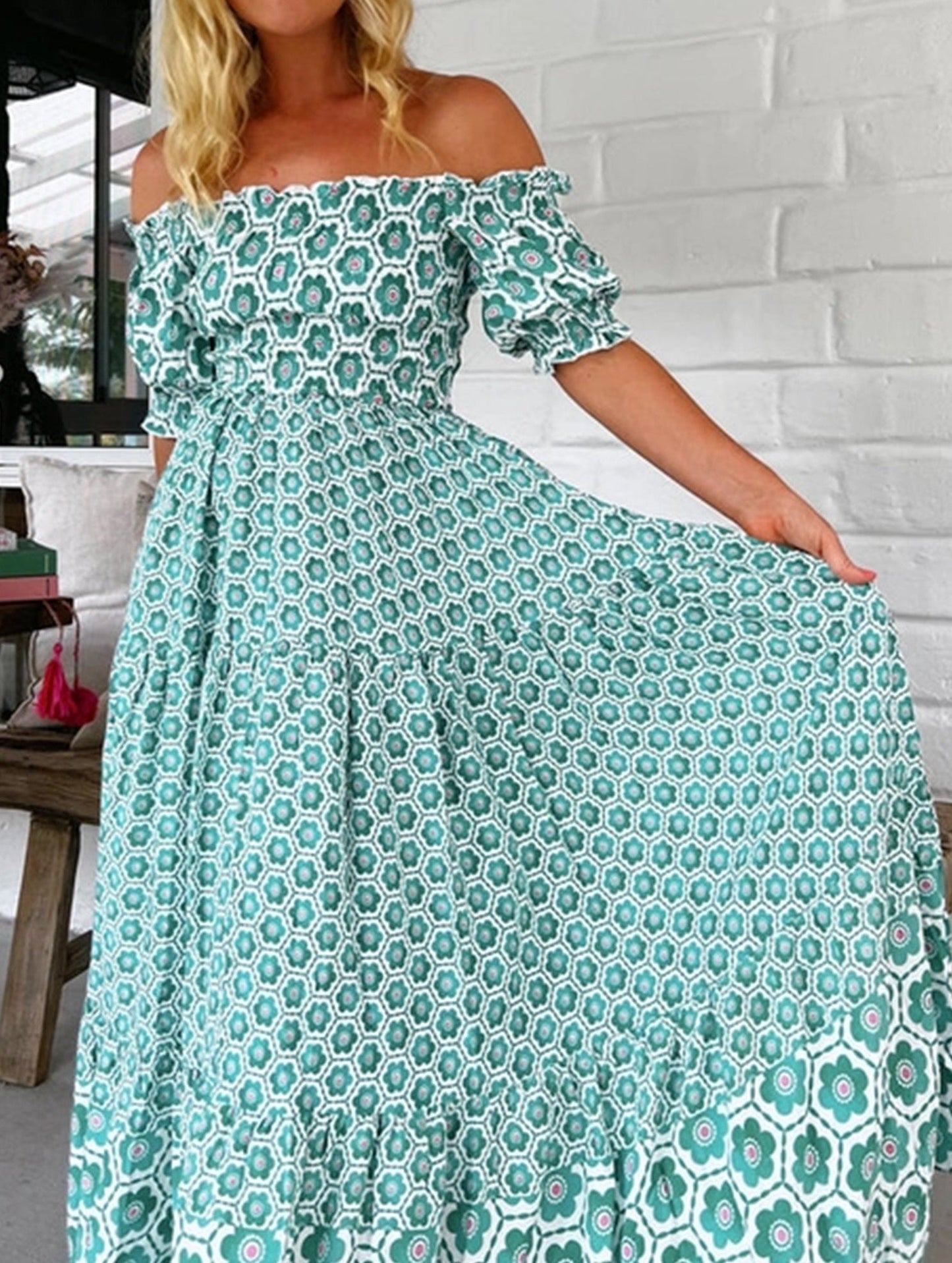 Printed Puffed Sleeve Maxi Swing Dress ??Elegant High-Waist Flowy Dress for All Seasons