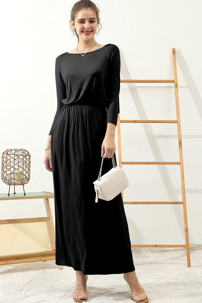 ROUND NECK WAIST BANDED MAIX LONG SOLID DRESS - Doublju