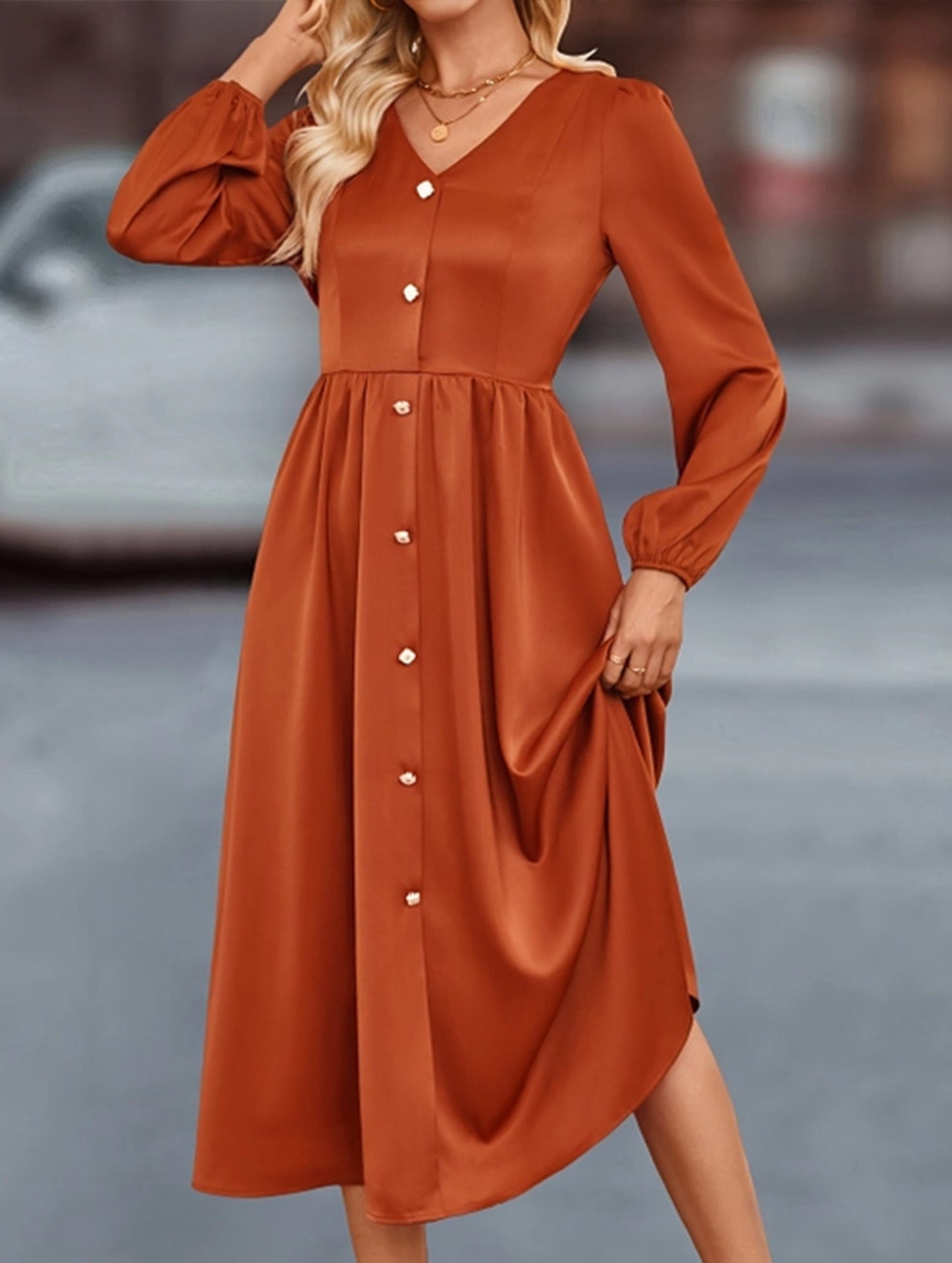 Single breasted solid color satin shirt dress