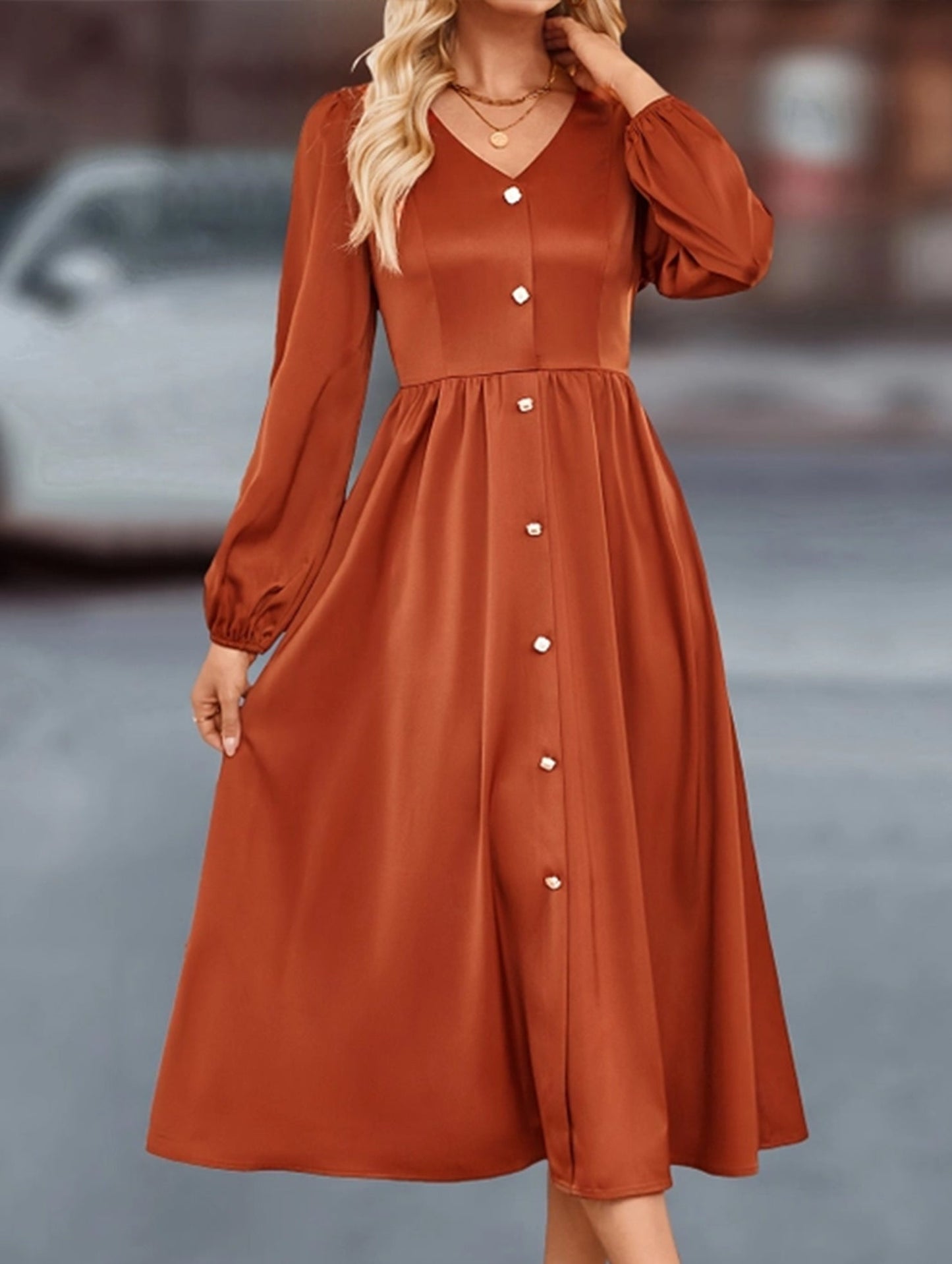 Single breasted solid color satin shirt dress