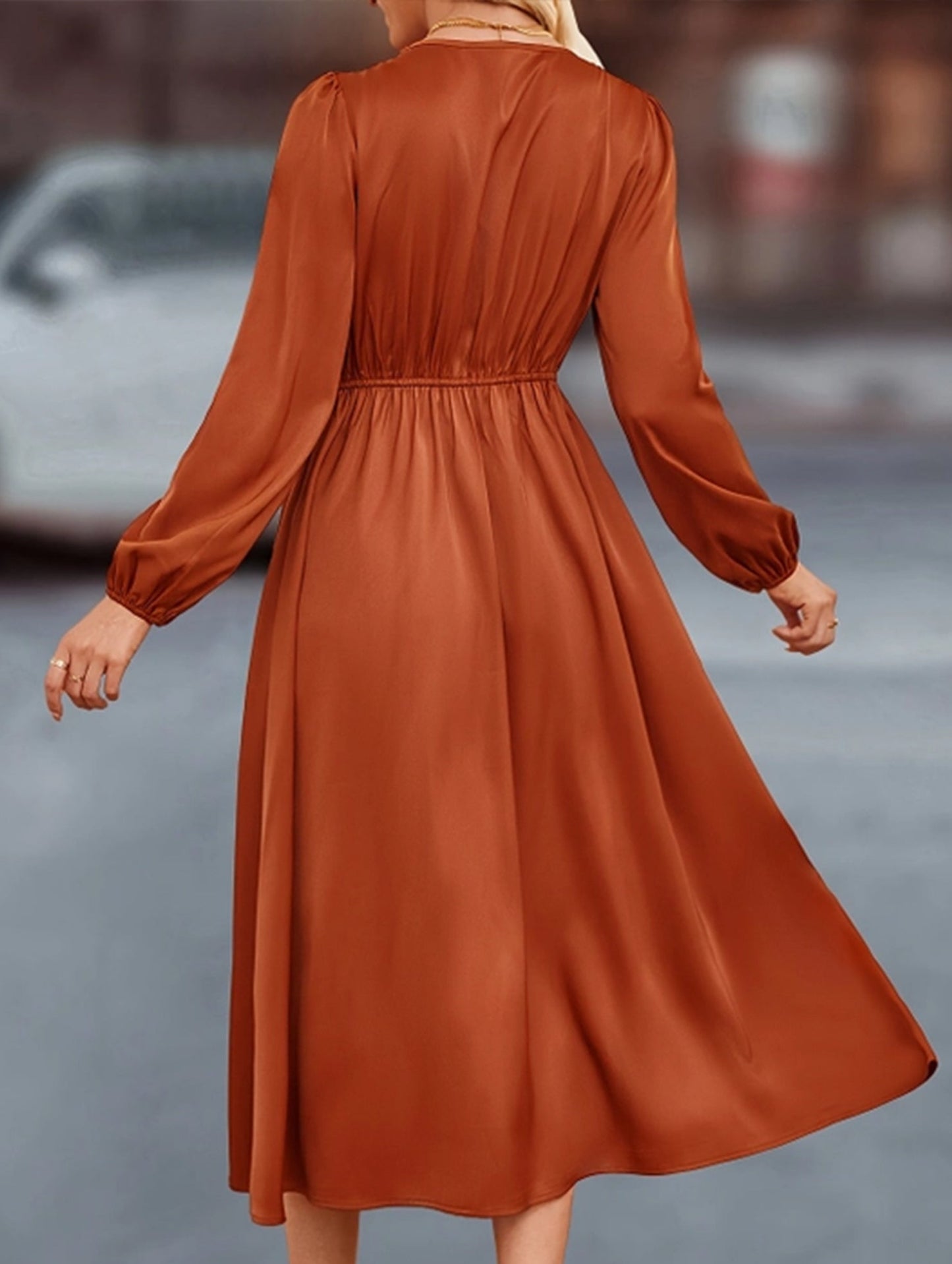 Single breasted solid color satin shirt dress