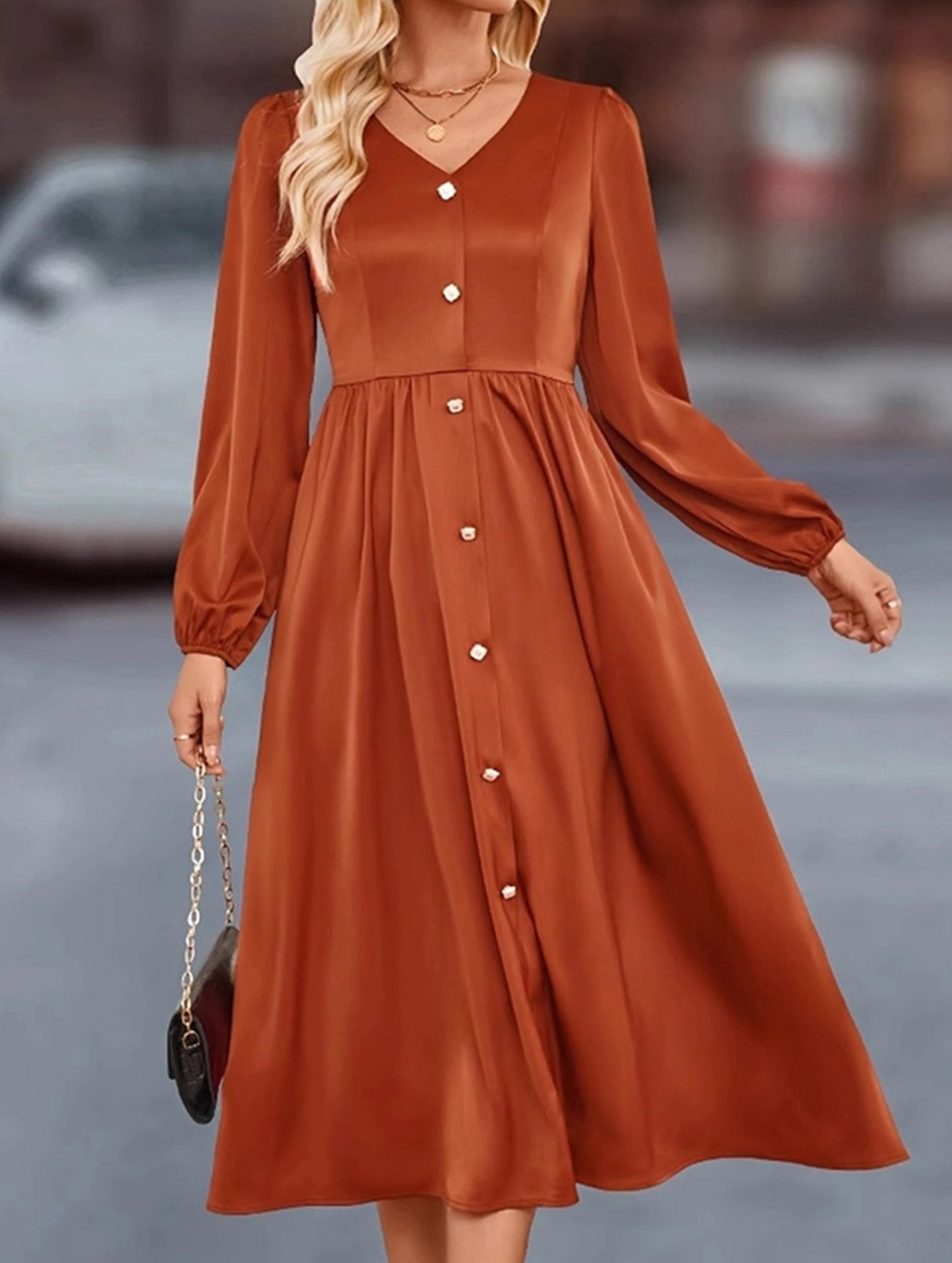 Single breasted solid color satin shirt dress