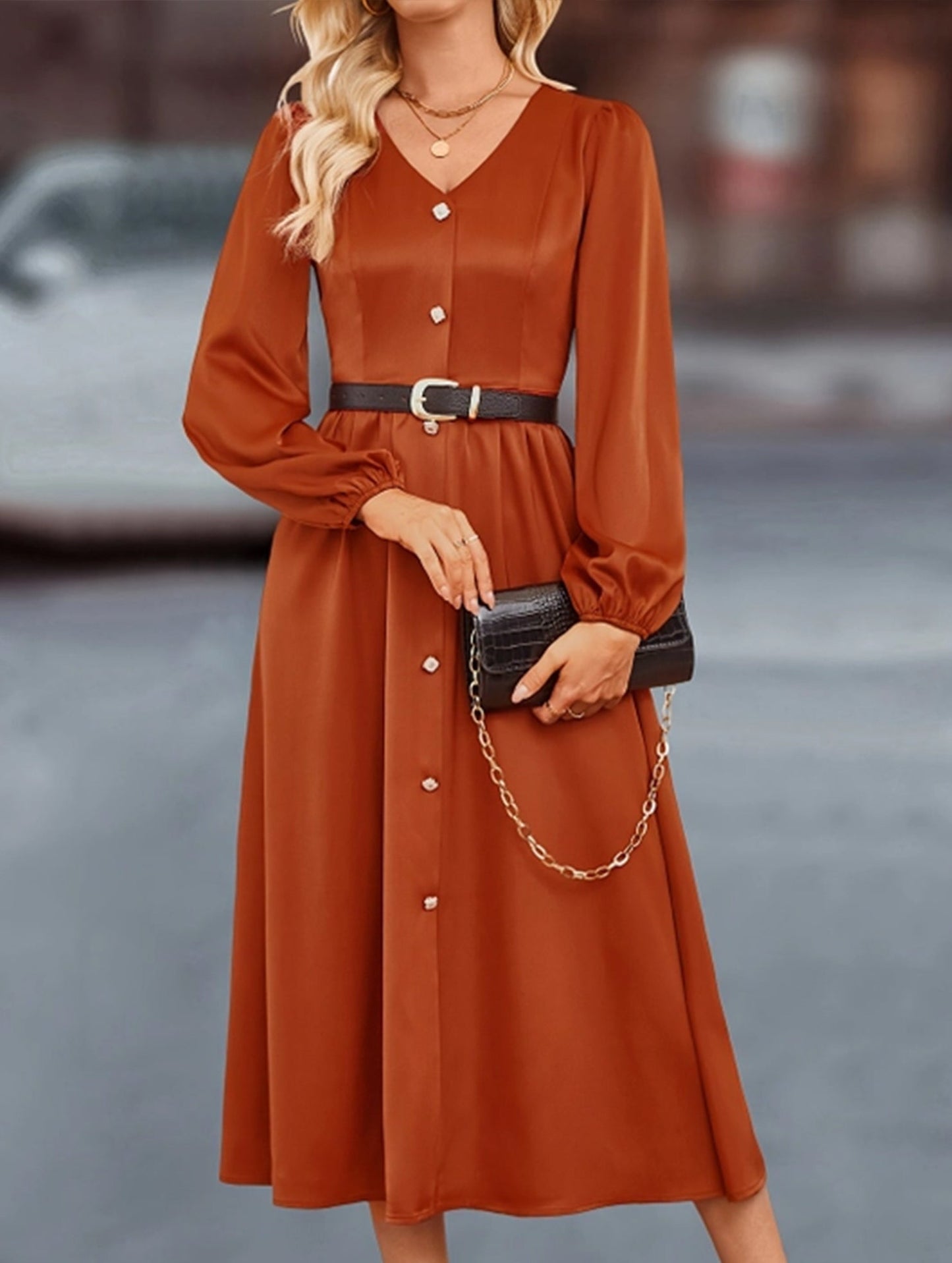 Single breasted solid color satin shirt dress