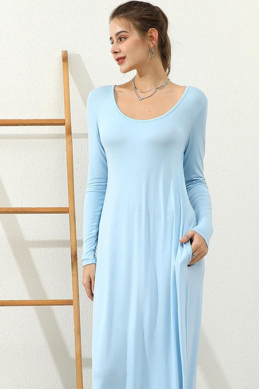 R NECK LOOSE FIT MAXI DRESS WITH SIDE POCKETS - Doublju