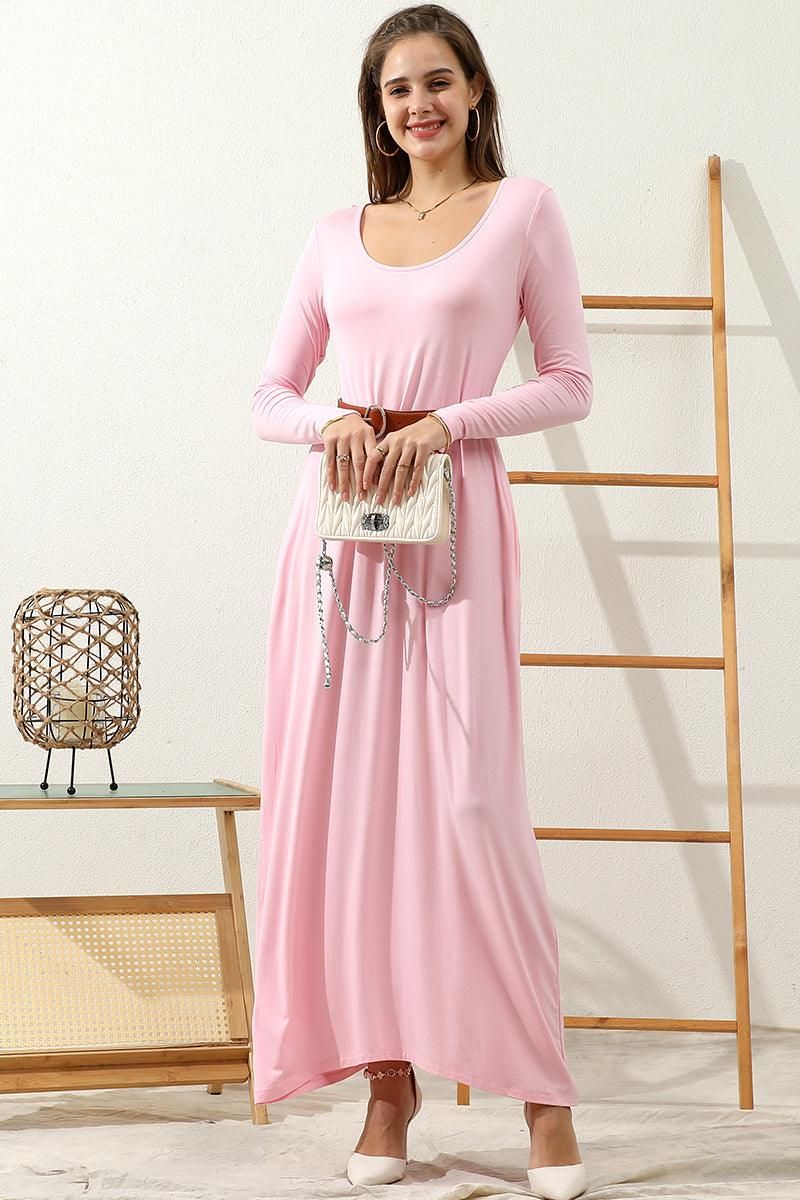 R NECK LOOSE FIT MAXI DRESS WITH SIDE POCKETS - Doublju