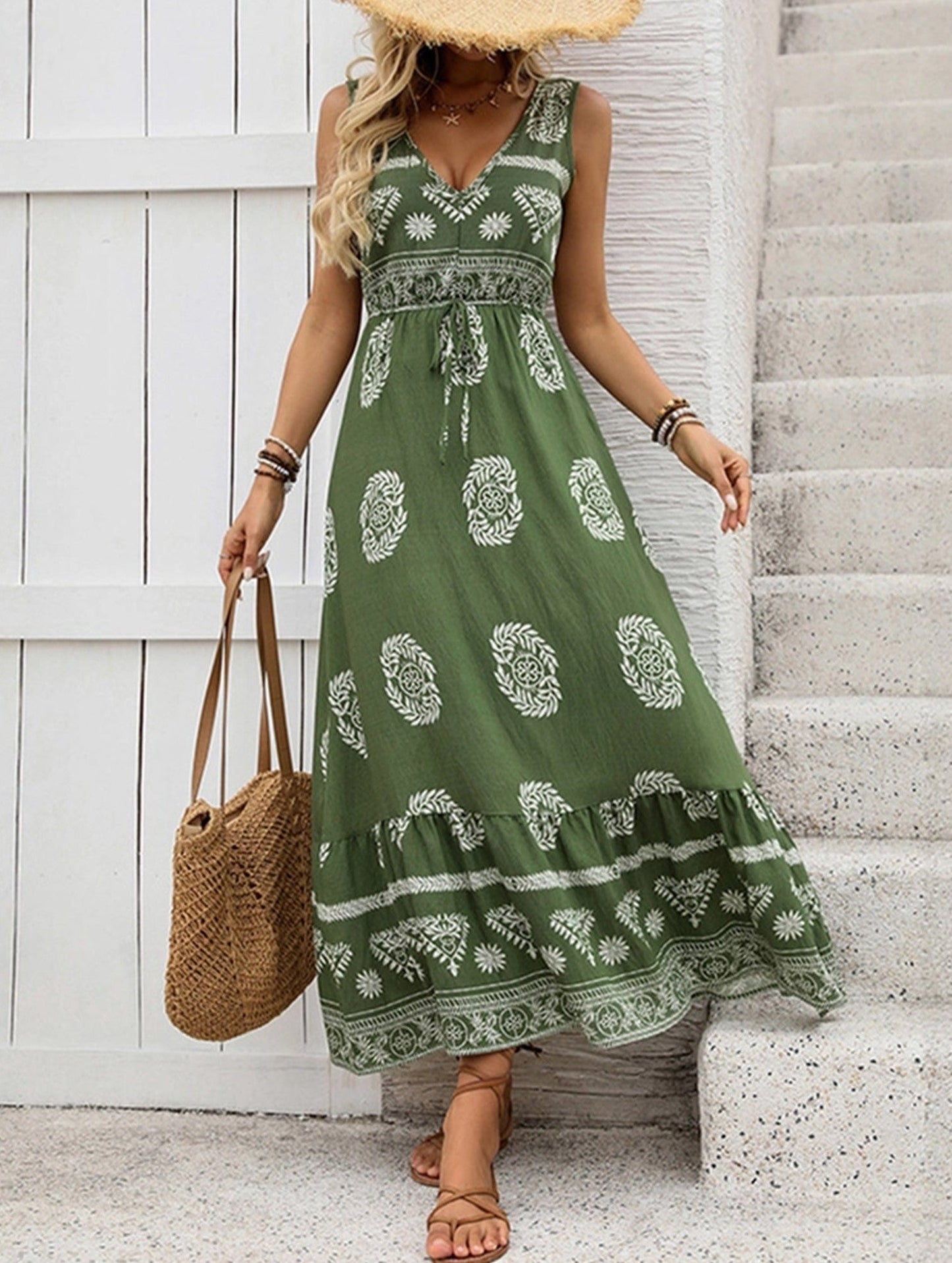 BOHO V-NECK HIGH WAIST VACATION PRINT DRESS
