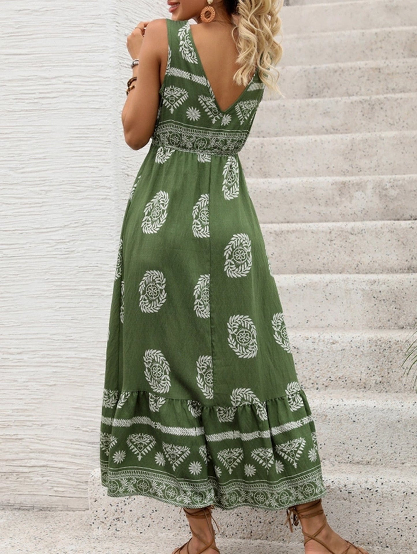 BOHO V-NECK HIGH WAIST VACATION PRINT DRESS