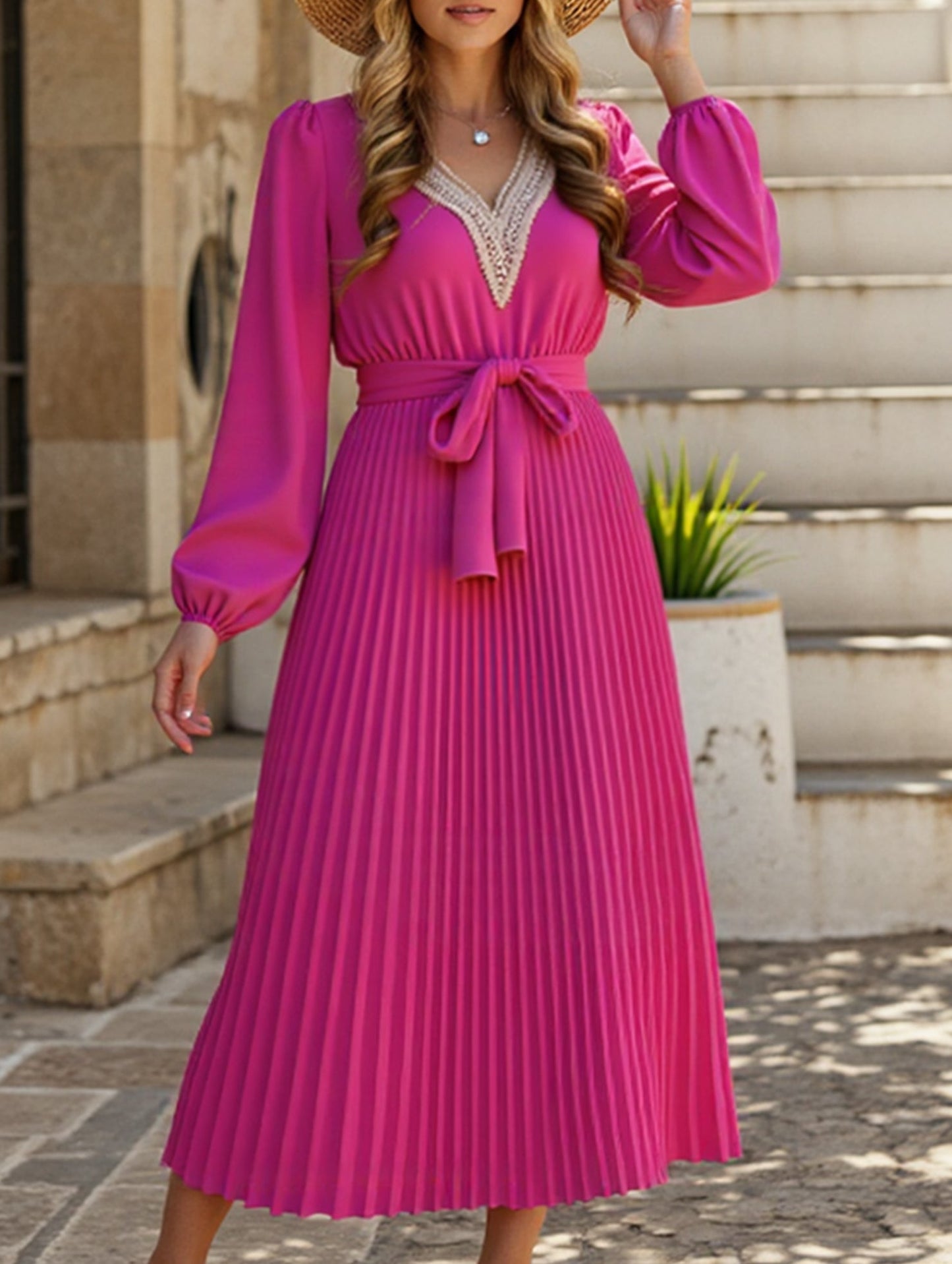 V-Neck Ruffle Pleated Bodycon Dress