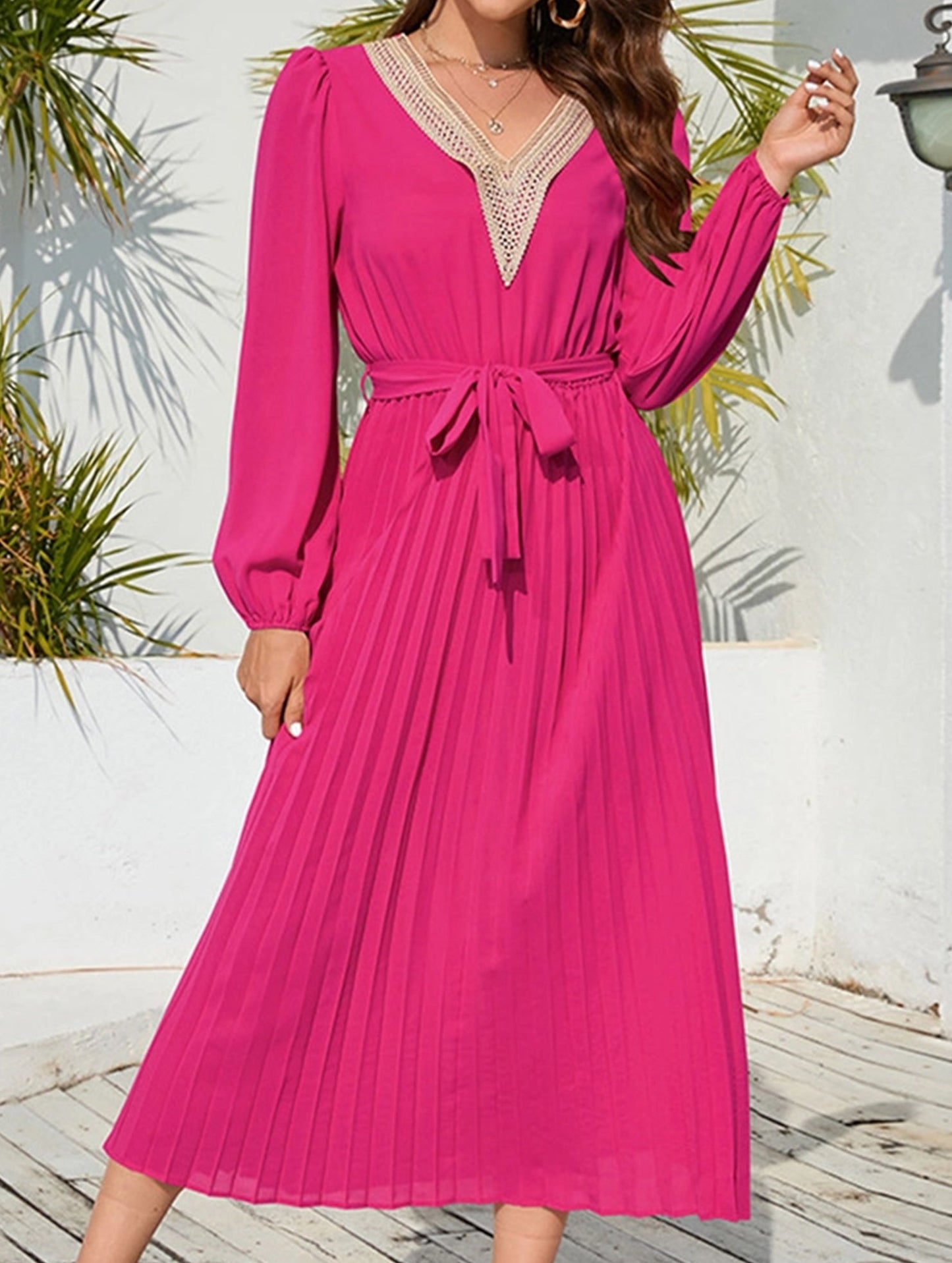 V-Neck Ruffle Pleated Bodycon Dress