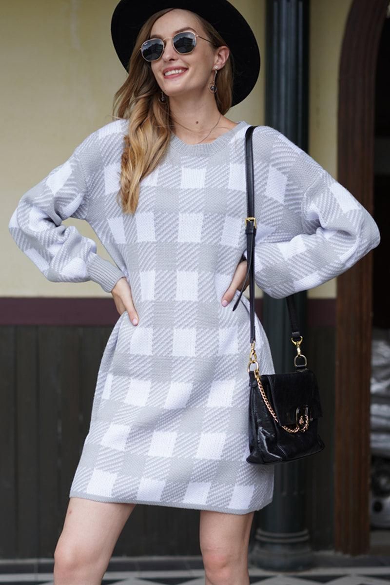 PLAID SWEAT DRESS - Doublju