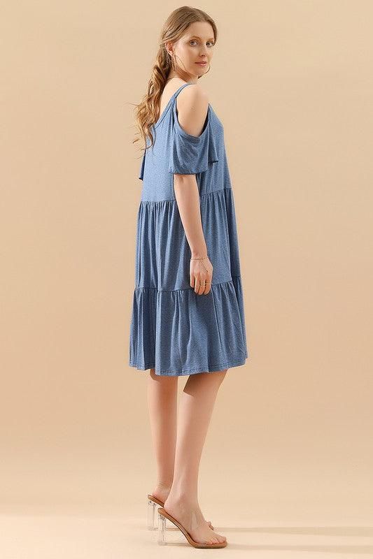 SHORT SLEEVE CUT OUT SHOULDER MIDI DRESS - Doublju