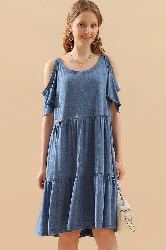 SHORT SLEEVE CUT OUT SHOULDER MIDI DRESS - Doublju