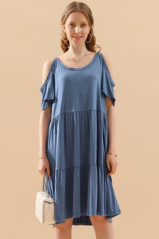 SHORT SLEEVE CUT OUT SHOULDER MIDI DRESS - Doublju