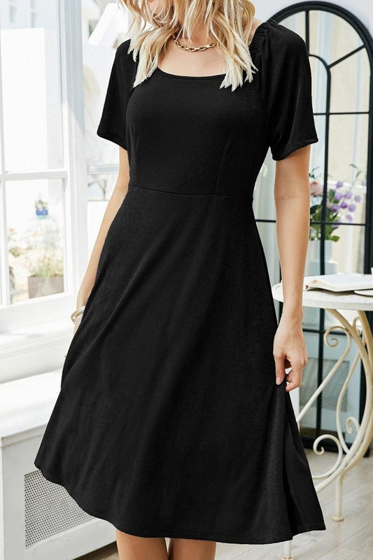 SQUARE NECK PLEATED SHORT SLEEVED DRESS - Doublju