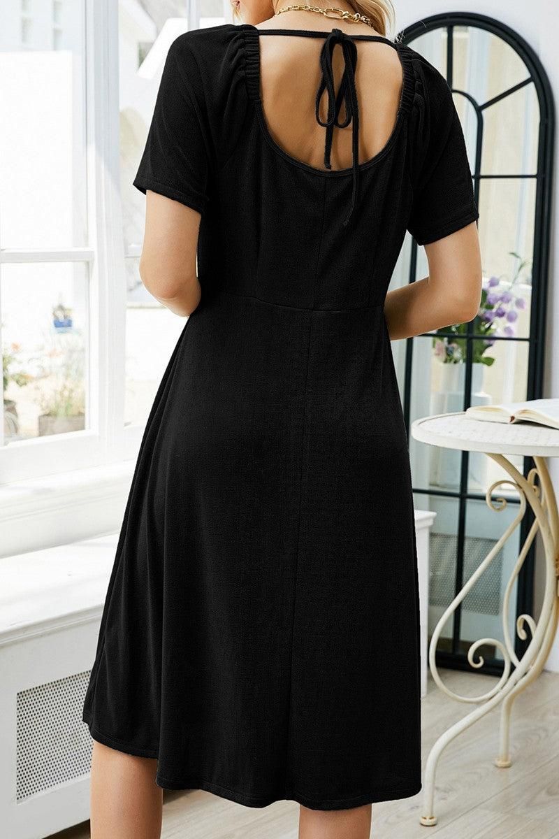 SQUARE NECK PLEATED SHORT SLEEVED DRESS - Doublju