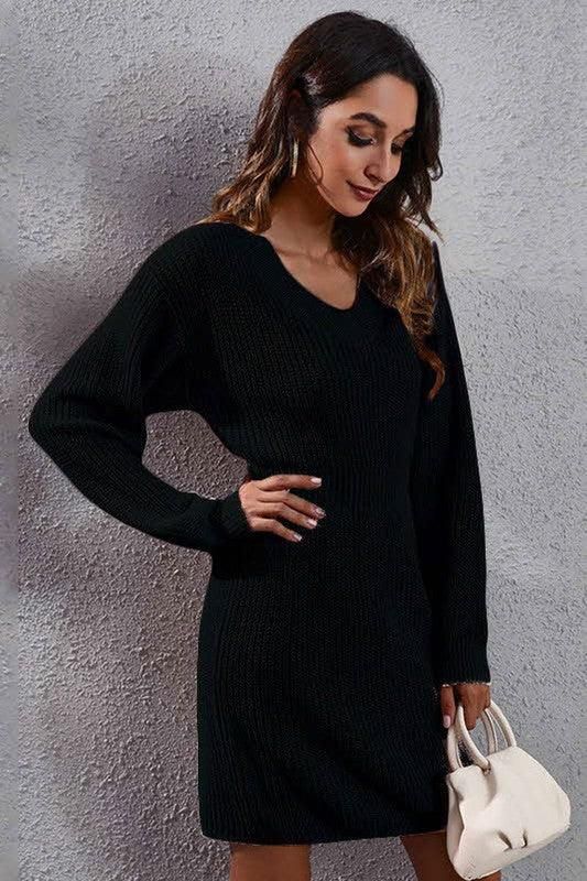 V NECK LONG SLEEVED WAIST SWEATER - Doublju