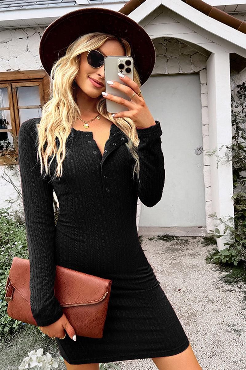 LONG SLEEVE CABLE KNIT BUTTON NECK DRESS - Doublju