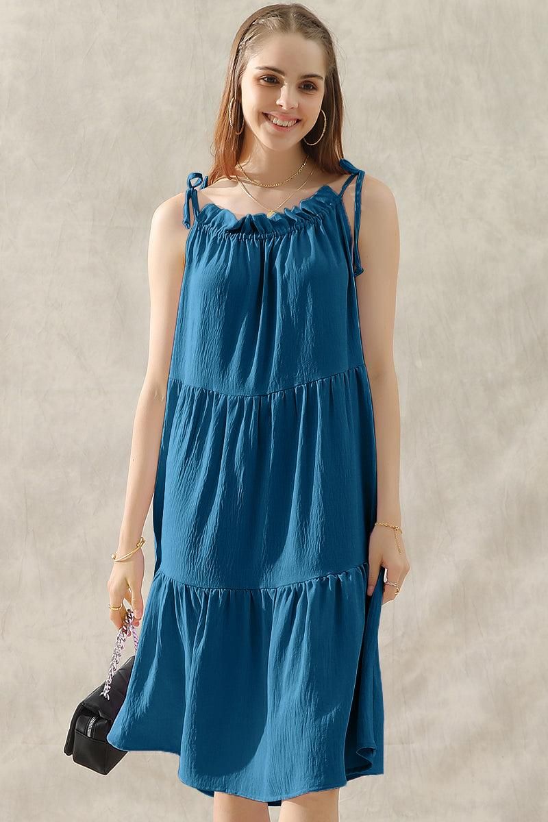 SHOULDER BOW TIE PRAIRIE DRESS - Doublju