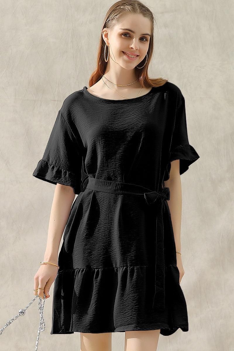 ROUND NECK WAIST BOW TIE RUFFLE SHORT DRESS - Doublju