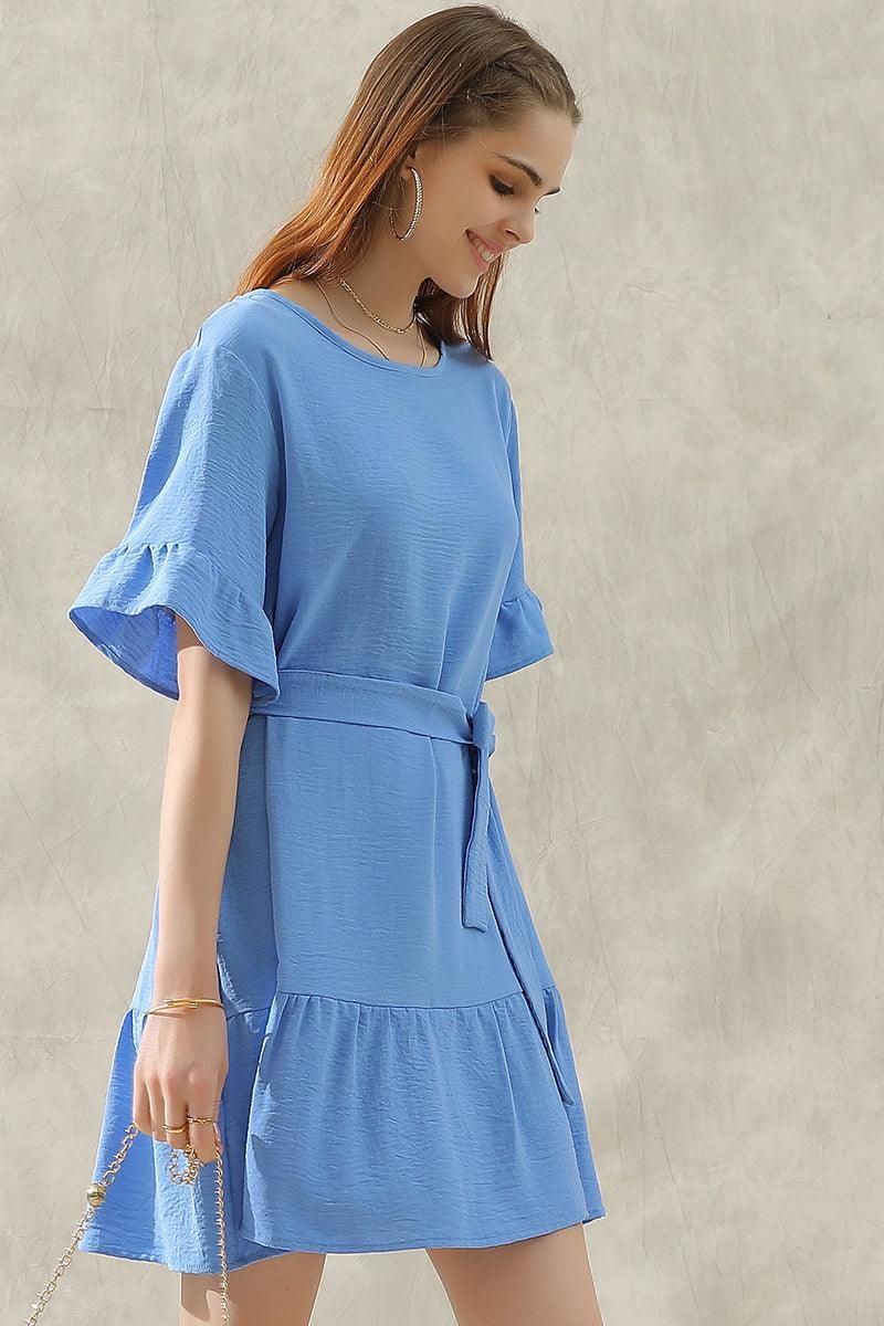 ROUND NECK WAIST BOW TIE RUFFLE SHORT DRESS - Doublju
