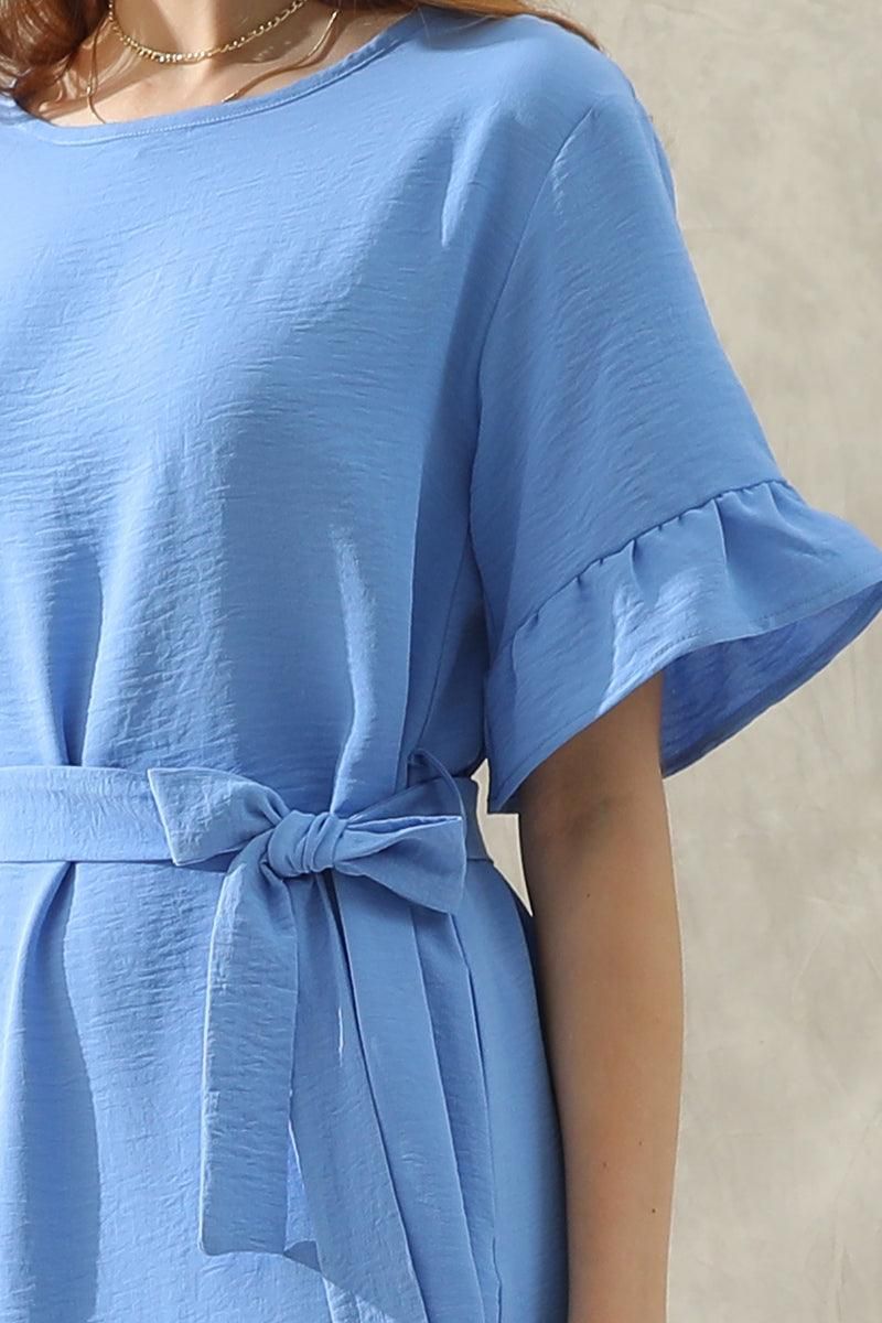 ROUND NECK WAIST BOW TIE RUFFLE SHORT DRESS - Doublju