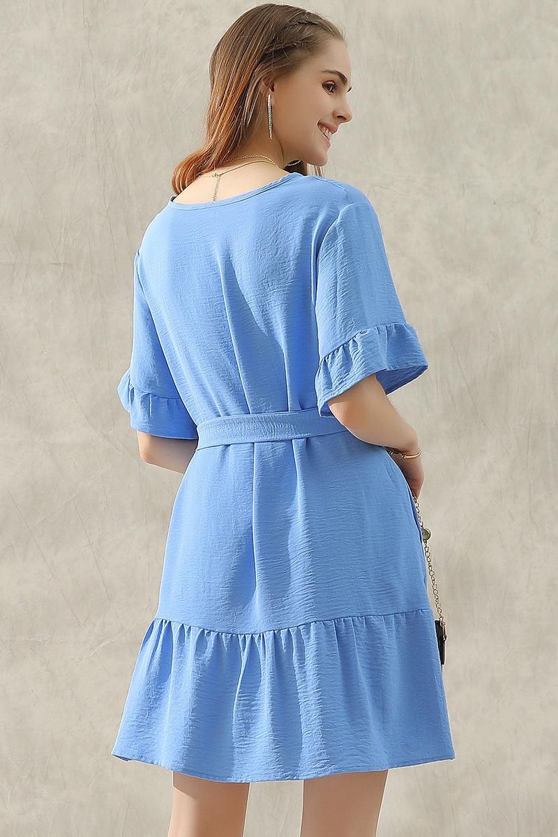 ROUND NECK WAIST BOW TIE RUFFLE SHORT DRESS - Doublju