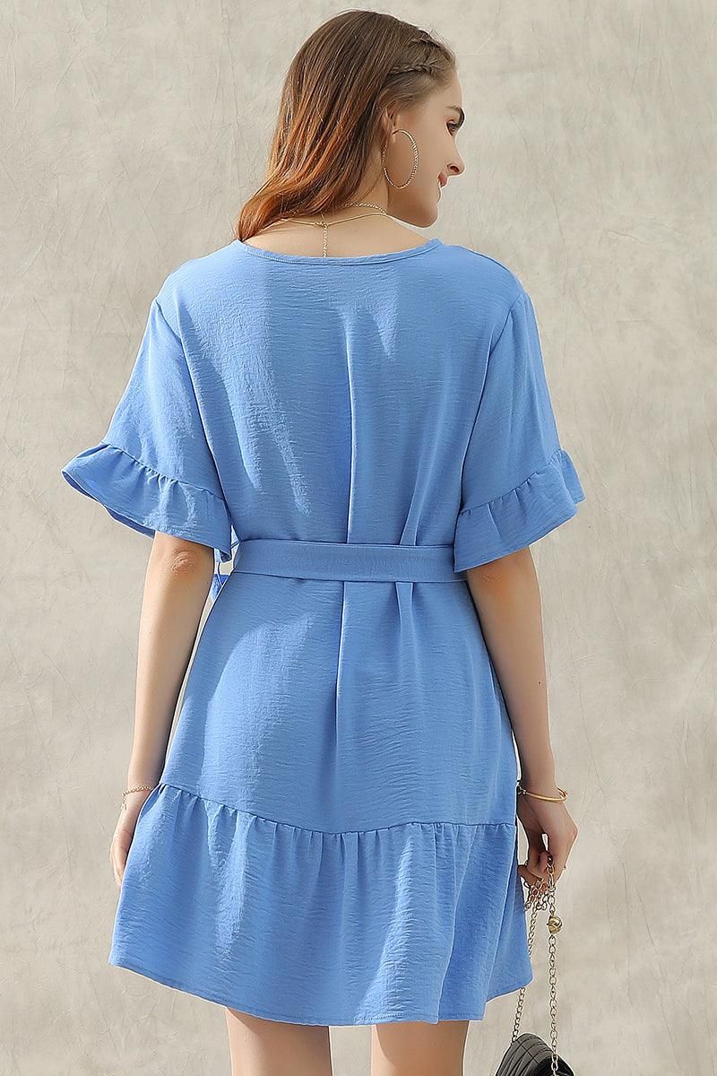 ROUND NECK WAIST BOW TIE RUFFLE SHORT DRESS - Doublju