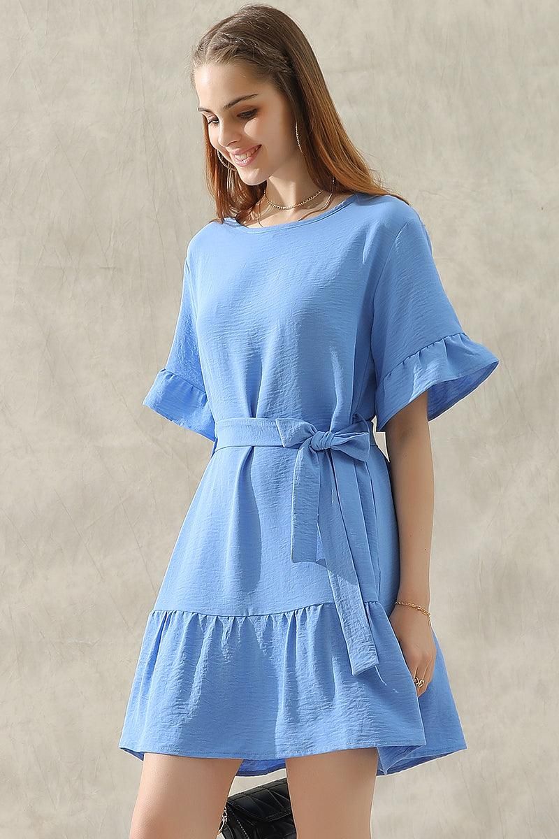 ROUND NECK WAIST BOW TIE RUFFLE SHORT DRESS - Doublju
