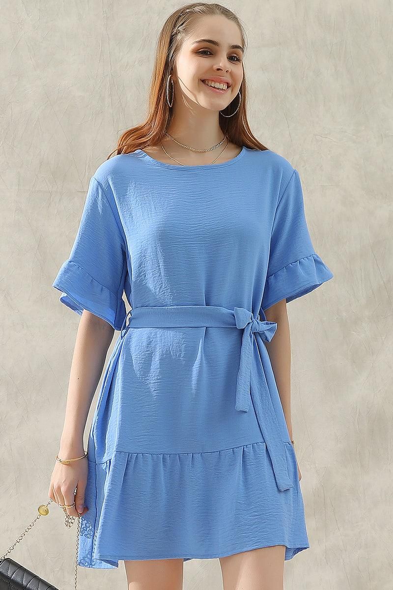 ROUND NECK WAIST BOW TIE RUFFLE SHORT DRESS - Doublju