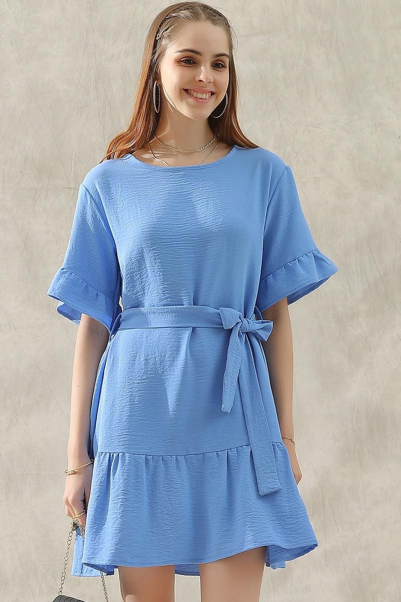 ROUND NECK WAIST BOW TIE RUFFLE SHORT DRESS - Doublju