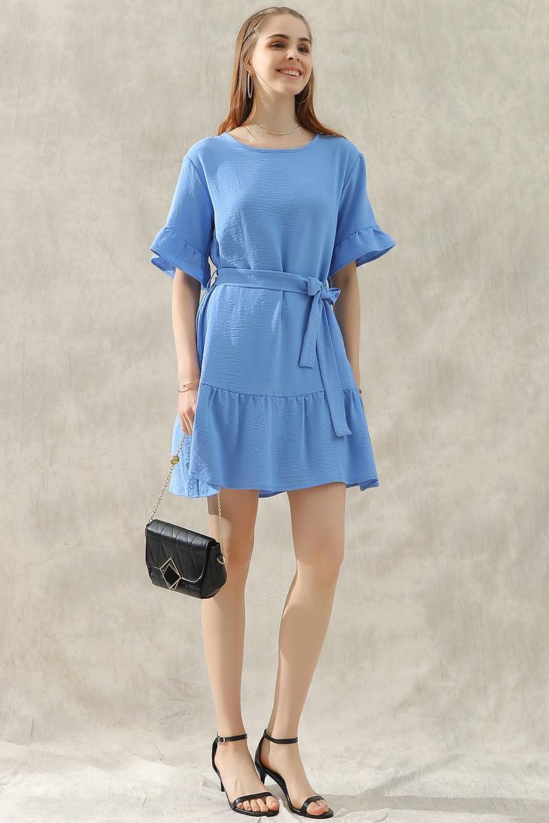 ROUND NECK WAIST BOW TIE RUFFLE SHORT DRESS - Doublju