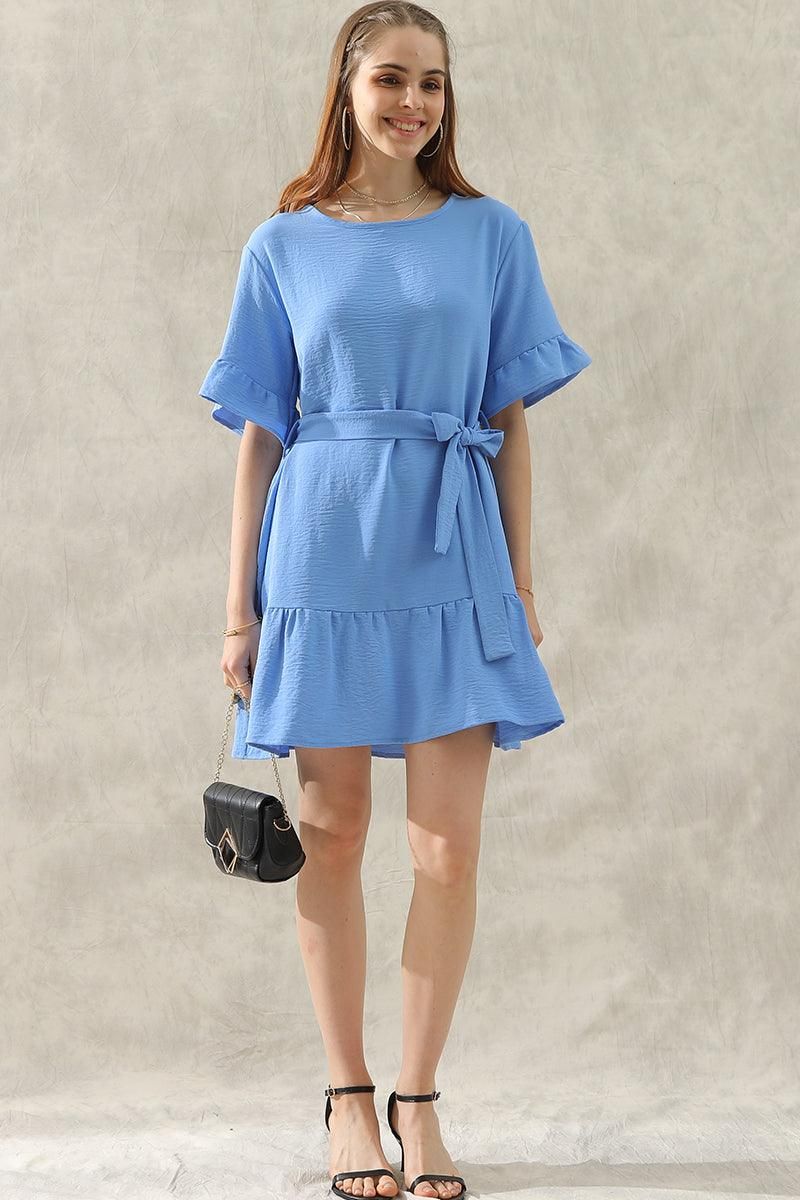 ROUND NECK WAIST BOW TIE RUFFLE SHORT DRESS - Doublju