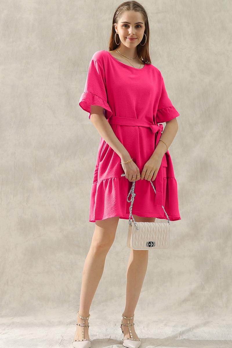 ROUND NECK WAIST BOW TIE RUFFLE SHORT DRESS - Doublju